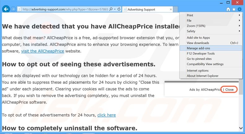 Suppression des publicités Ads Remover dans Internet Explorer étape 1