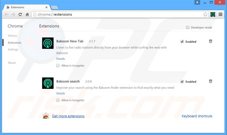 Suppression des extensions reliées à baboom.audio dans Google Chrome 