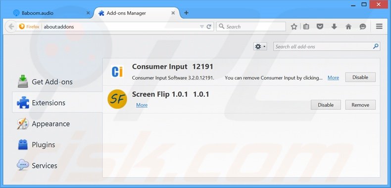 Suppression des extensions reliées à baboom.audio dans Mozilla Firefox 