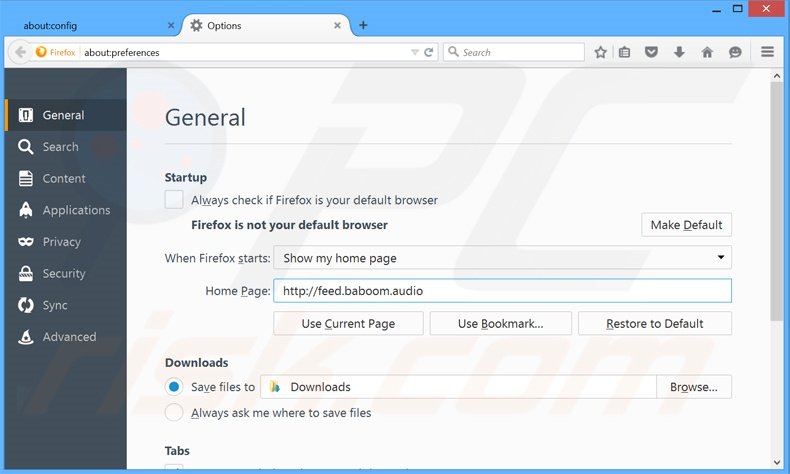 Suppression de la page d'accueil de baboom.audio dans Mozilla Firefox 