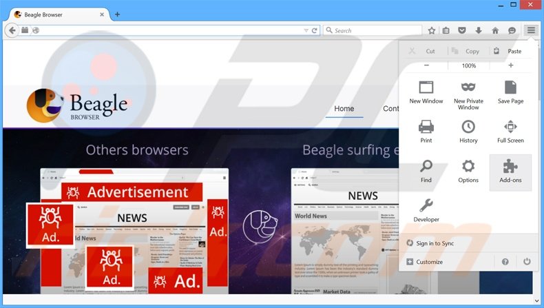 Suppression des publicités BeagleBrowser dans Mozilla Firefox étape 1