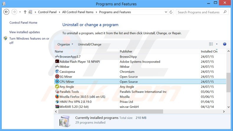 Désinstallation du logiciel de publicité cpu miner via le Panneau de Configuration