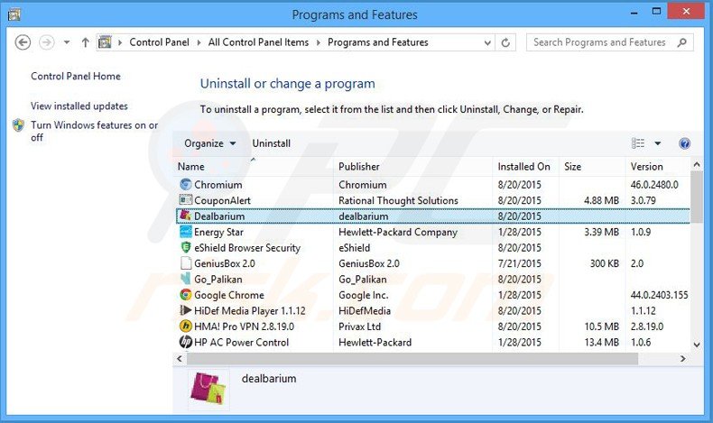 Désinstallation du logiciel de publicité dealbarium via le Panneau de Configuration