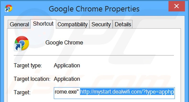 Suppression du raccourci cible de mystart.dealwifi.com dans Google Chrome étape 2