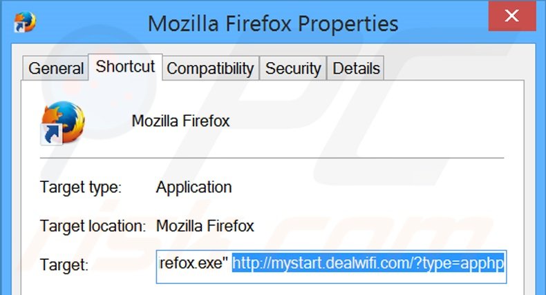 Suppression du raccourci cible de mystart.dealwifi.com dans Mozilla Firefox étape 2