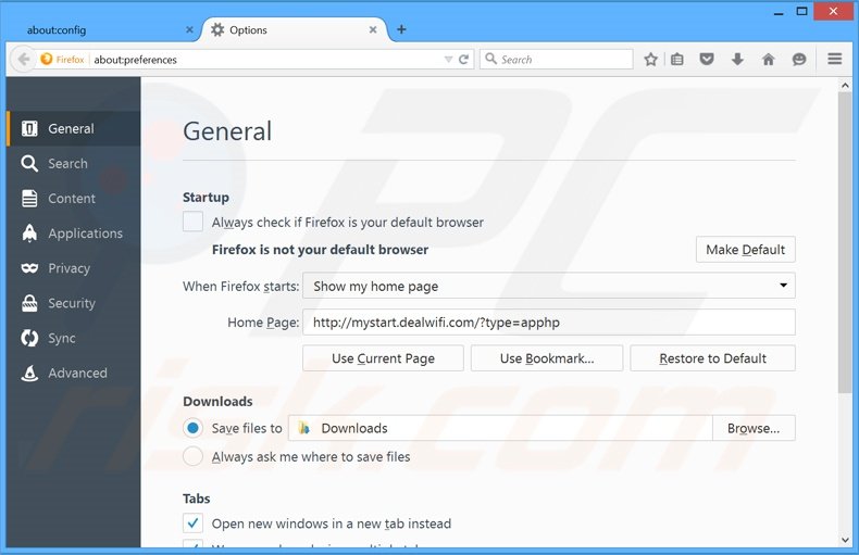 Suppression de la page d'accueil de mystart.dealwifi.com dans Mozilla Firefox 