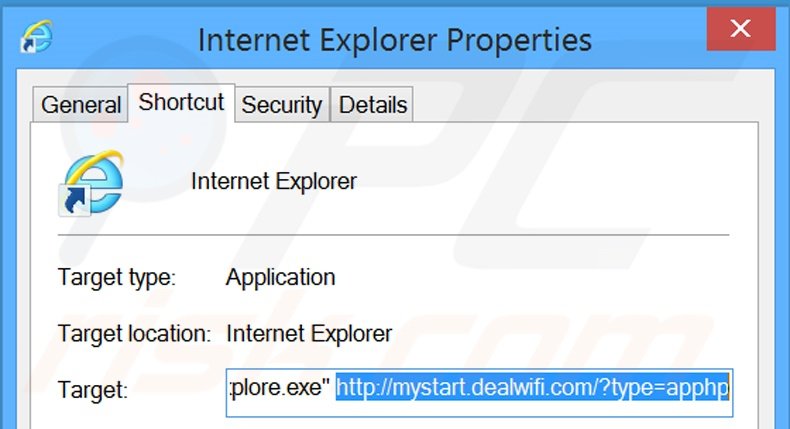 Suppression du raccourci cible de mystart.dealwifi.com dans Internet Explorer étape 2