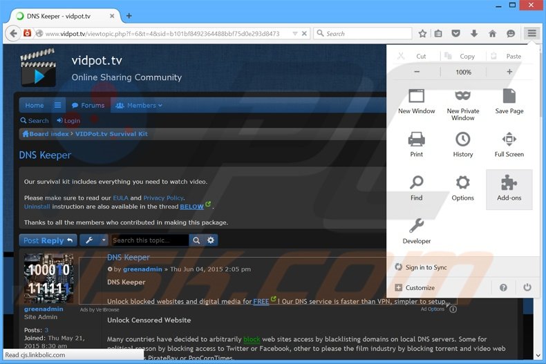 Suppression des publicités DNS Keeper dans Mozilla Firefox étape 1