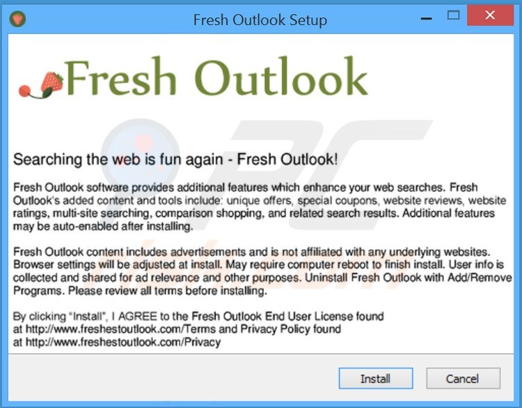 Configuration de l’installateur du logiciel de publicité fresh outlook adware 