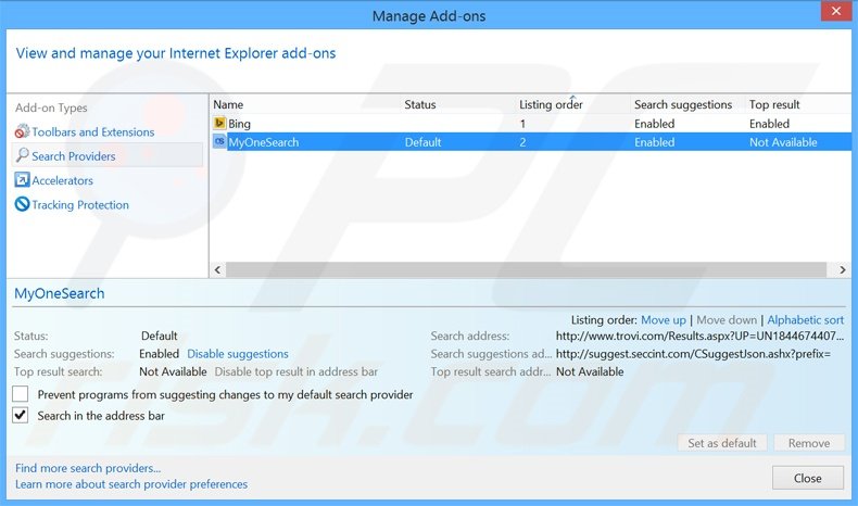 Suppression du moteur de recherche par défaut de MyOneSearch.net dans Internet Explorer 