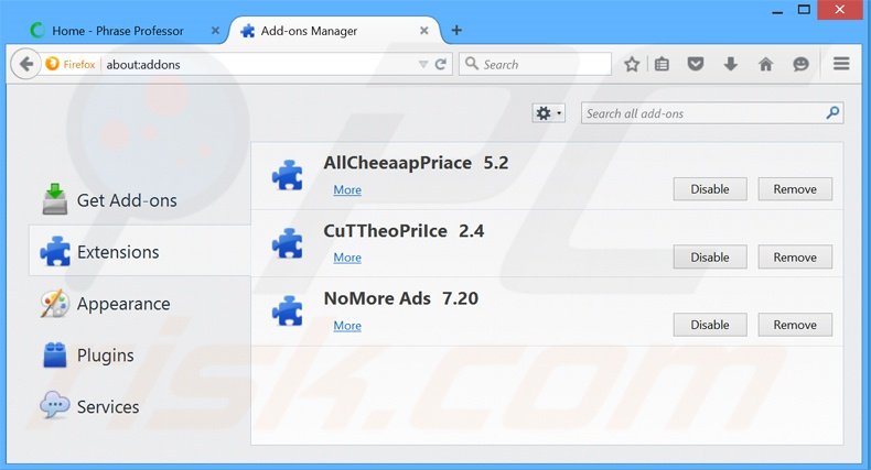 Suppression des publicités PhraseProfessor dans Mozilla Firefox étape 2