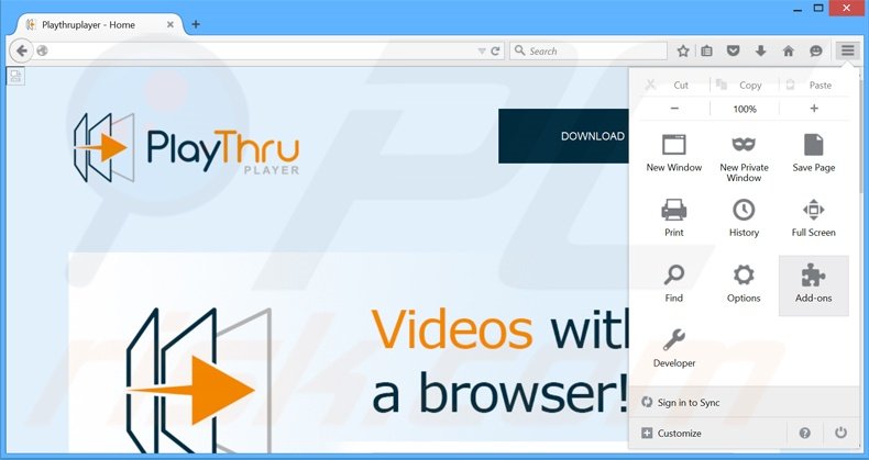 Suppression des publicités Playthru Player dans Mozilla Firefox étape 1