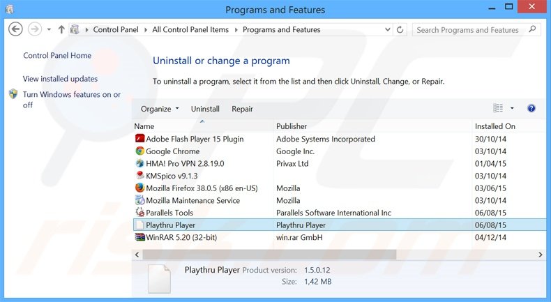 Désinstallation du logiciel de publicité Playthru Player via le Panneau de Configuration