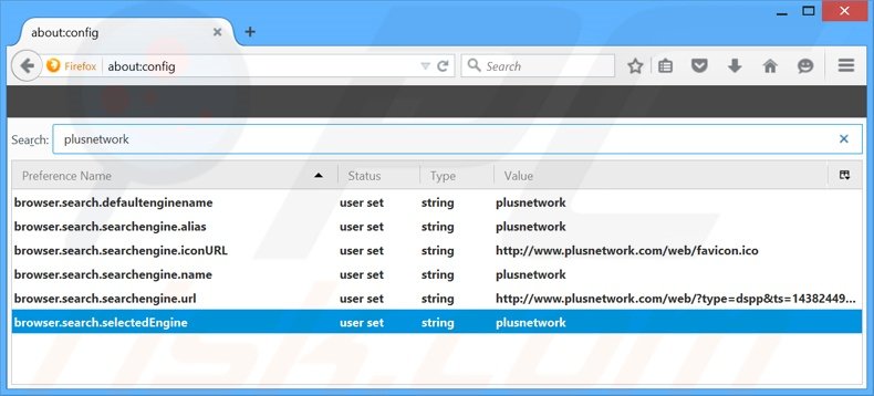 Suppression du moteur de recherche par défaut de plusnetwork.com dans Mozilla Firefox 