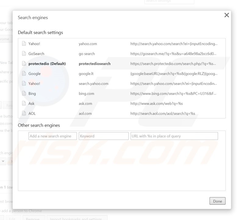 Suppression du moteur de recherche par défaut de search.protectedio.com dans Google Chrome 