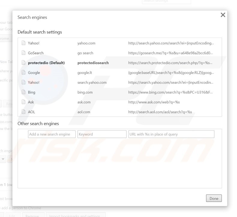 Suppression du moteur de recherche par défaut de search.protectedio.com dans Google Chrome 