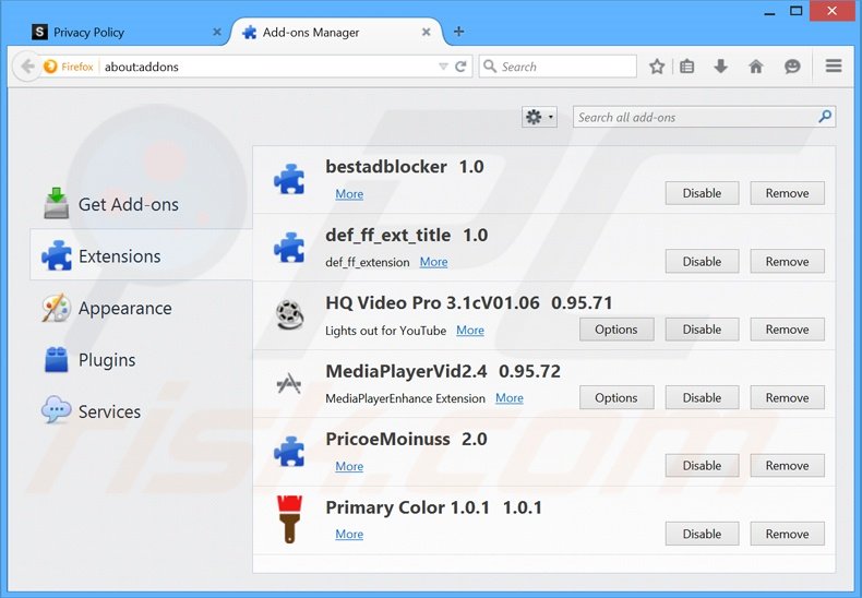Suppression des extensions reliées à search.protectedio.com dans Mozilla Firefox 