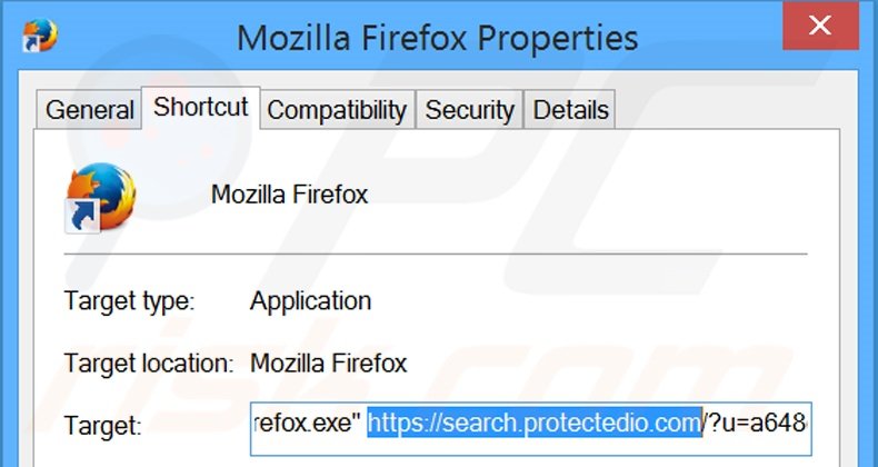 Suppression du raccourci cible de search.protectedio.com dans Mozilla Firefox étape 2