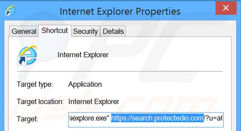 Suppression du raccourci cible de search.protectedio.com dans Internet Explorer étape 2