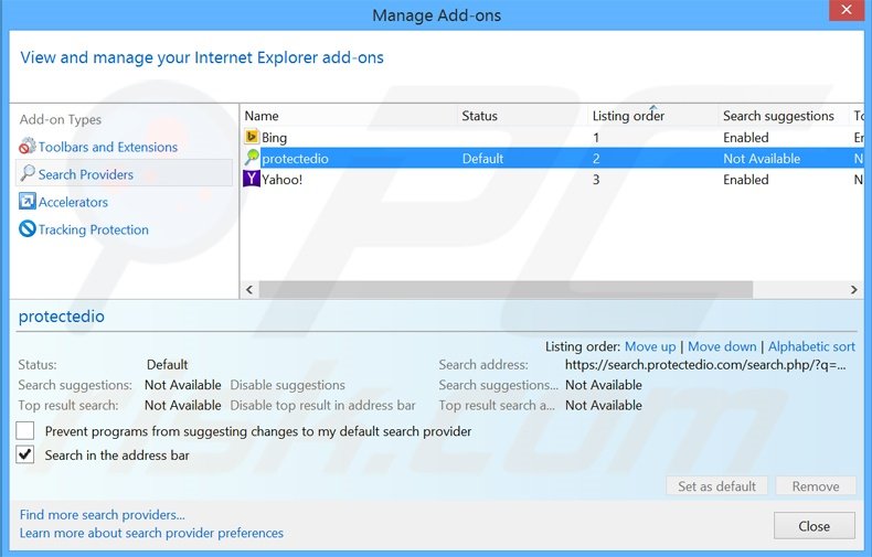 Suppression du moteur de recherche par défaut de search.protectedio.com dans Internet Explorer 