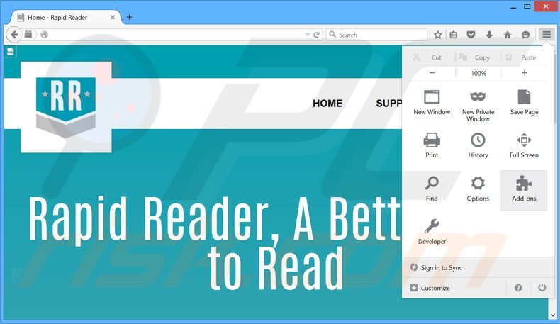 Suppression des publicités RapidReader dans Mozilla Firefox étape 1