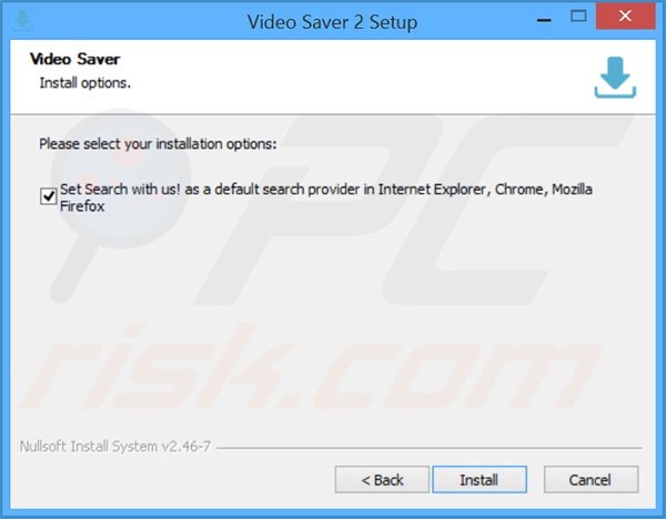 Configuration de l'installateur Video Saver distribuant le pirate de navigateur search.com 