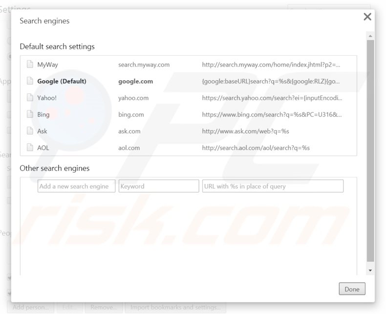 Removing search.myway.com from Google Chrome default search engine