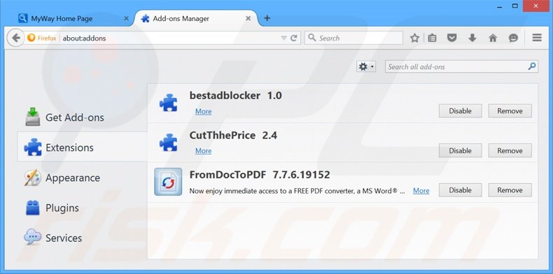 Suppression des extensions reliées à search.myway.com dans Mozilla Firefox 