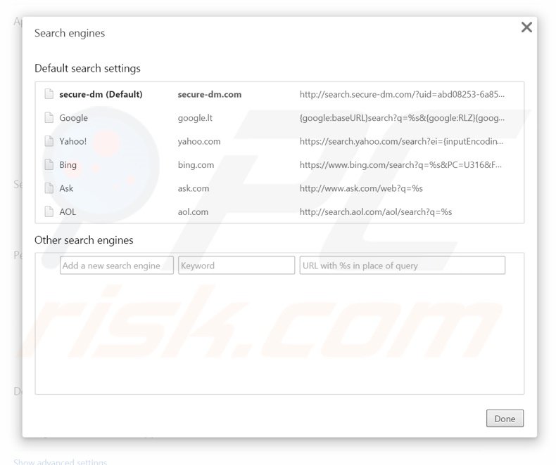 Suppression du moteur de recherche par défaut de search.secure-dm.com dans Google Chrome 