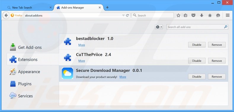 Suppression des extensions reliées à search.secure-dm.com dans Mozilla Firefox
