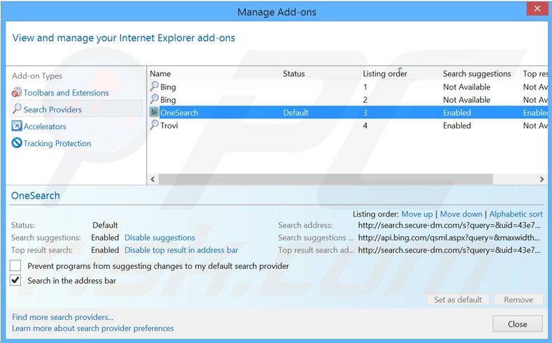 Suppression du moteur de recherche par défaut de search.secure-dm.com dans Internet Explorer 