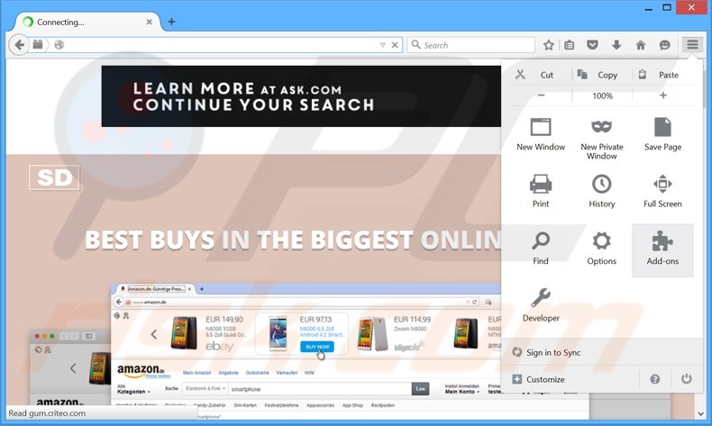Suppression des publicités SimilarDeals dans Mozilla Firefox étape 1