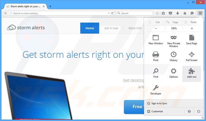 Suppression des publicités StormAlerts dans Mozilla Firefox étape 1