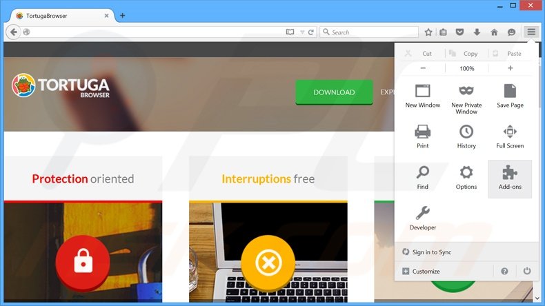 Suppression des publicités Tortuga dans Mozilla Firefox étape 1