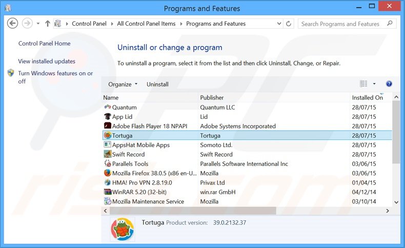 Désinstallation du logiciel de publicité Tortuga via le Panneau de Configuration