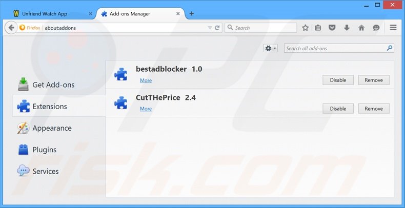 Suppression des publicités Unfriend Watch dans Mozilla Firefox étape 2