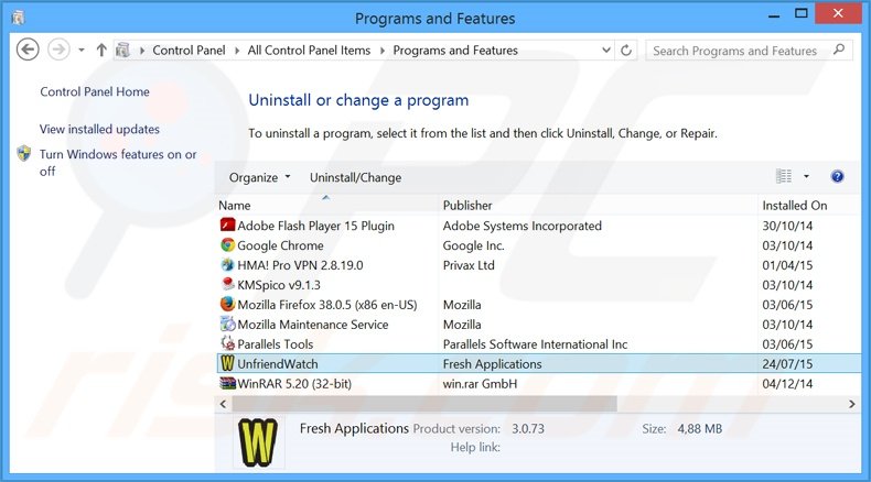 Désinstallation du logiciel de publicité Unfriend Watch via le Panneau de Configuration