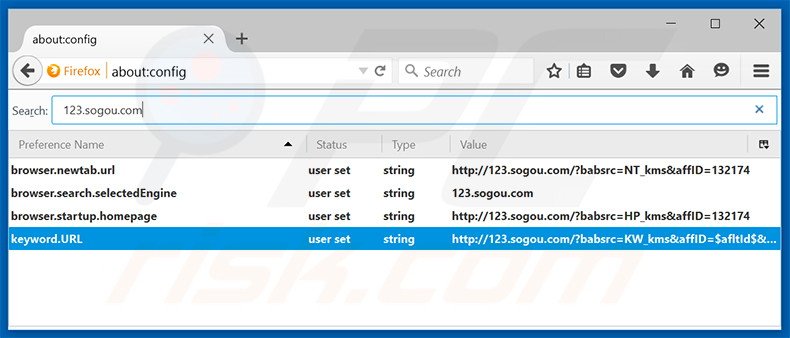 Suppression du moteur de recherche par défaut de 123.sogou.com dans Mozilla Firefox 