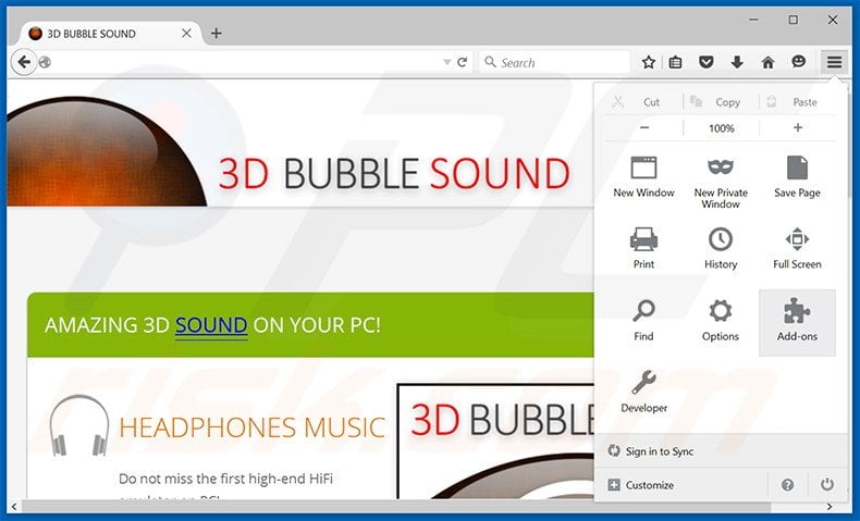 Suppression des publicités 3D BUBBLE SOUND dans Mozilla Firefox étape 1