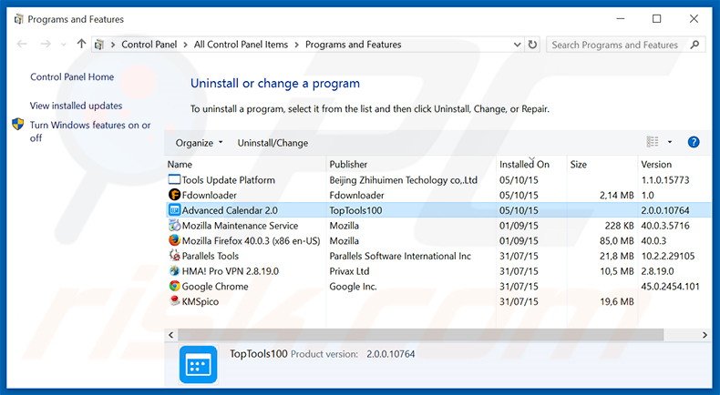 Désinstallation du logiciel de publicité Advanced Calendar via le Panneau de Configuration