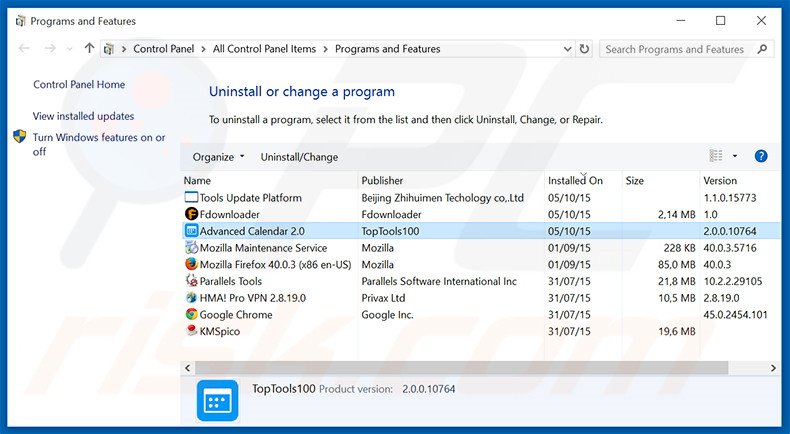 Désinstallation du logiciel de publicité Advanced Calendar via le Panneau de Configuration