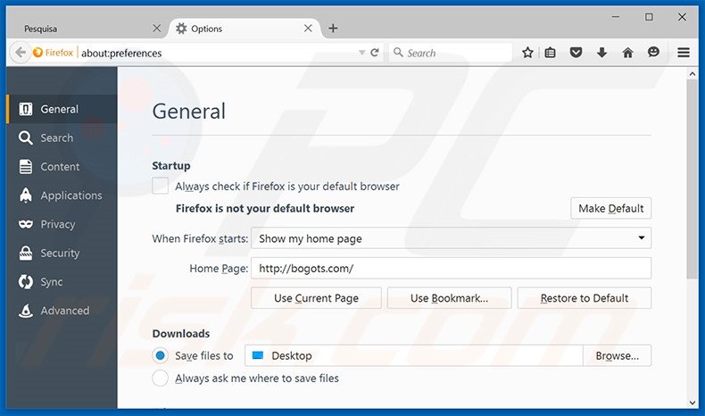 Suppression de la page d'accueil de bogots.com dans Mozilla Firefox 