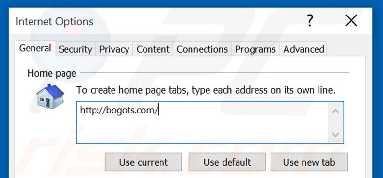 Suppression de la page d'accueil de bogots.com dans Internet Explorer 