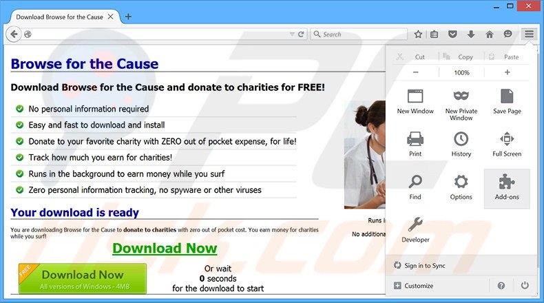 Suppression des publicités Browse For The Cause dans Mozilla Firefox étape 1