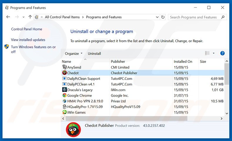 Désinstallation du logiciel de publicité Chedot Browser via le Panneau de Configuration