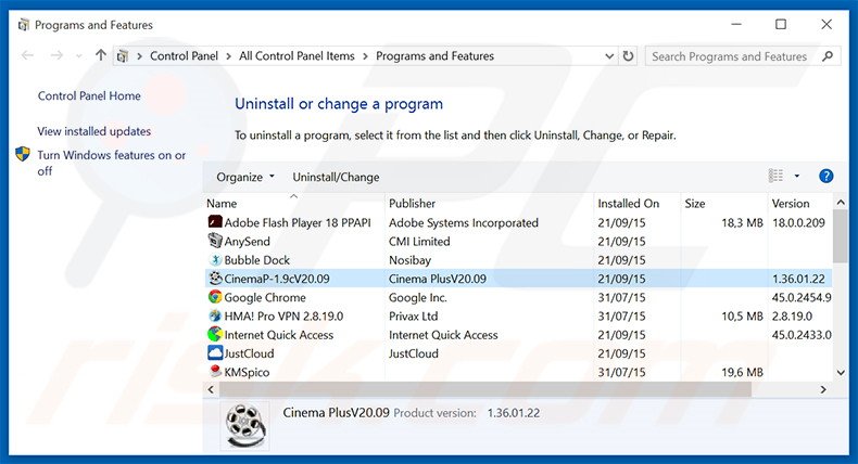 Désinstallation du logiciel de publicité CinemaP  via le Panneau de Configuration