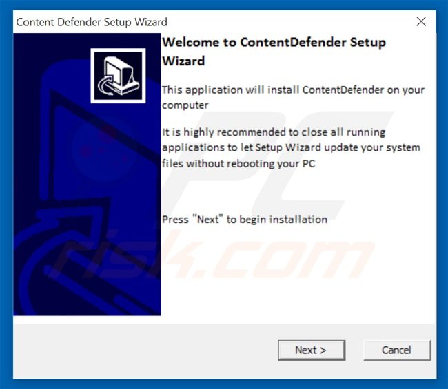 Configuration de l'installateur du logiciel de publicité content defender 