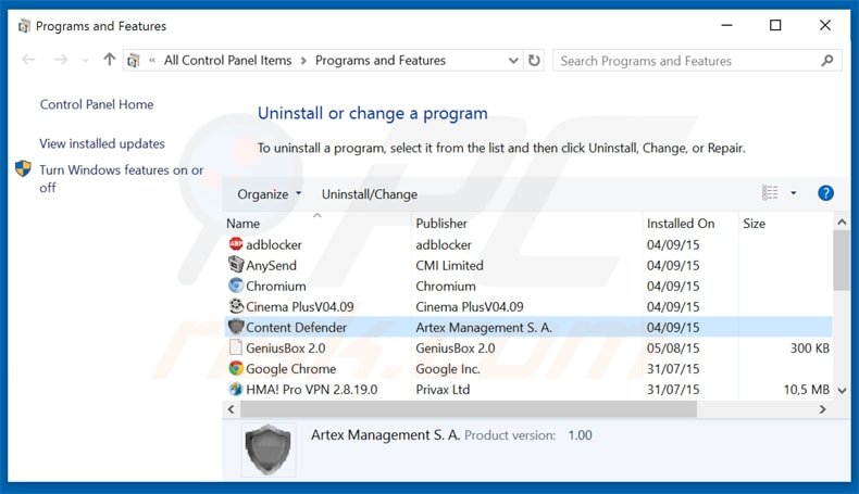 Désinstallation du logiciel de publicité content defender via le Panneau de Configuration