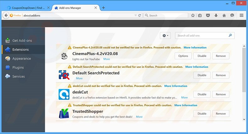 Suppression des publicités CouponDropDown dans Mozilla Firefox étape 2