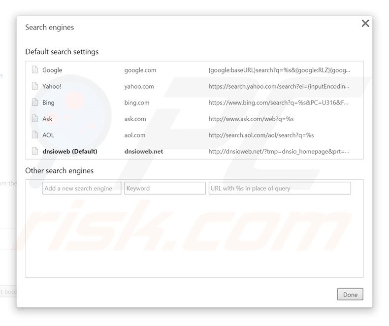 Suppression du moteur de recherche par défaut de dnsioweb.net dans Google Chrome 